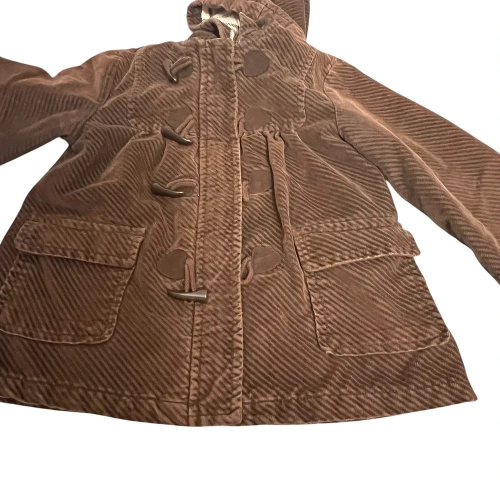 Old Navy Kids Brown Corduroy‎ Toggle Duffle Coat Hooded Plaid Fleece Lined Large